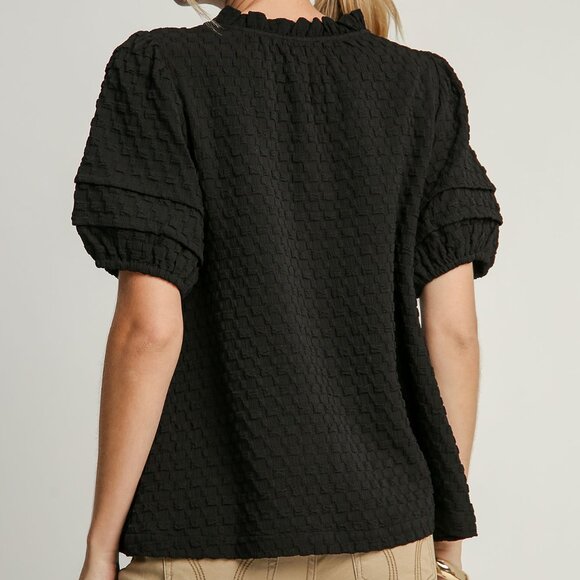 Umgee Textured Jacquard Boxy Cut Top with Pin-Tuck Detailed Bubble Sleeves - Picture 5 of 5